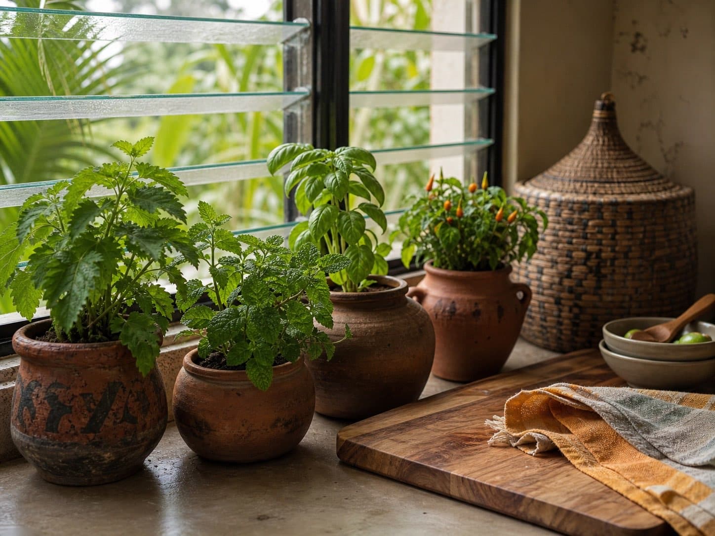 Illustrative concept of herbs growing beside a kitchen worktop